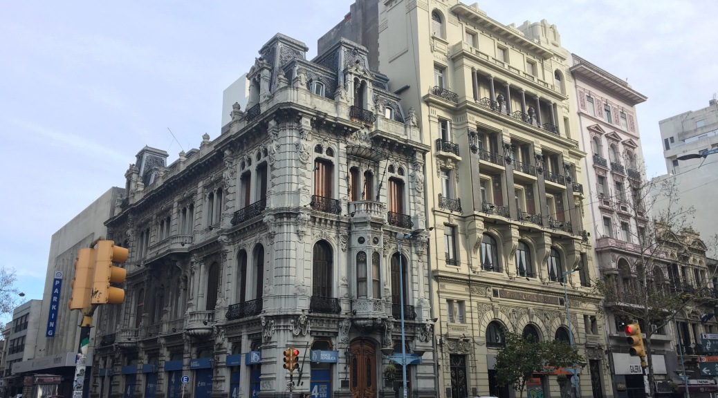 A couple of European-style buildings on the streets of Montevideo.